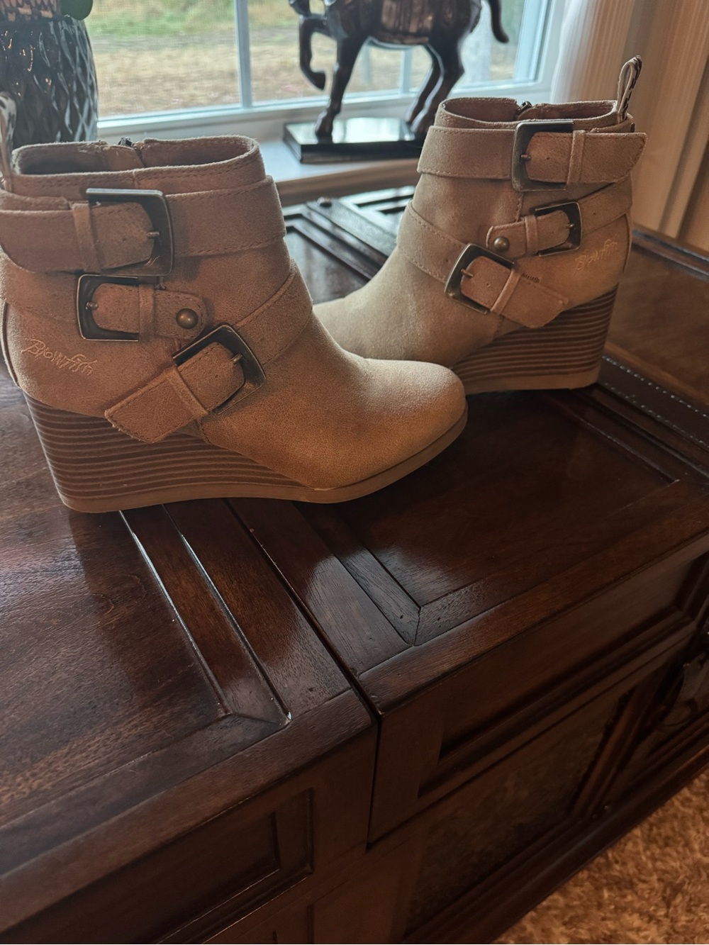 Blowfish Malibu Taupe Wedge Ankle Booties with Triple Buckles
